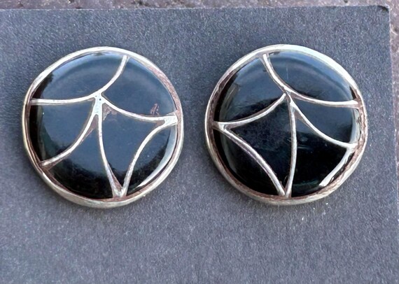 Zuni Vintage Sterling Silver Onyx Earrings, Ediso… - image 3