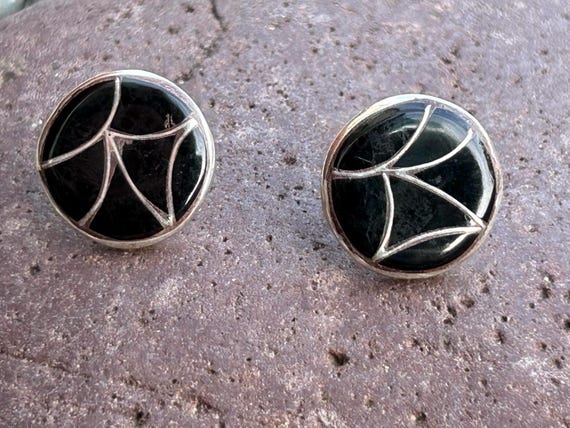 Zuni Vintage Sterling Silver Onyx Earrings, Ediso… - image 2