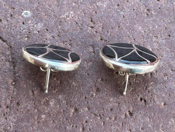 Zuni Vintage Sterling Silver Onyx Earrings, Ediso… - image 8