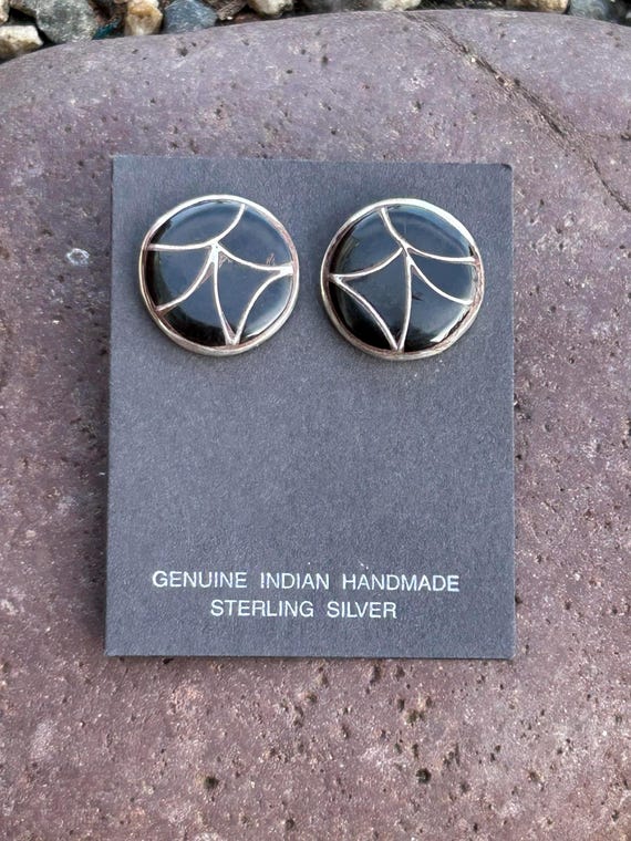 Zuni Vintage Sterling Silver Onyx Earrings, Ediso… - image 1