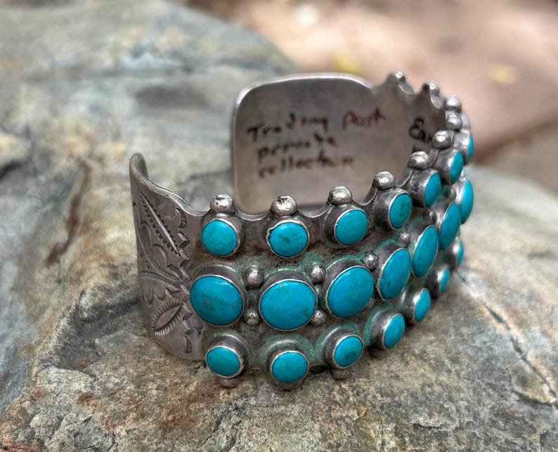 1950s Vintage Old Pawn Navajo Sterling Silver Turquoise Cuff Bracelet ...