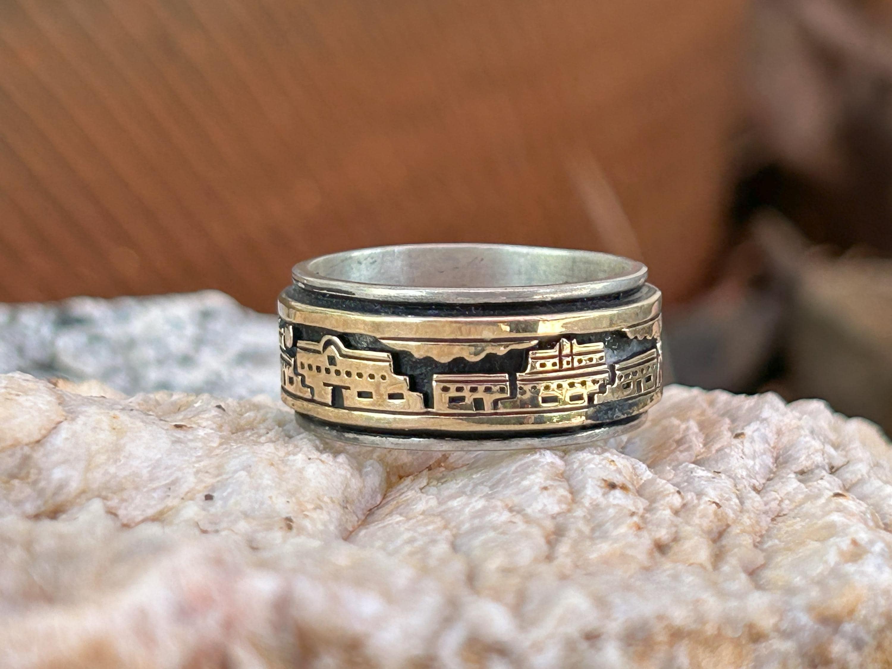 M.M. Rogers Sterling Silver 14 K Gold Vintage Navajo Storyteller Band Ring, Size 12
