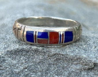Vintage Navajo Ring Sterling Silver Lapis Lazuli Spiny Oyster Size 8.75