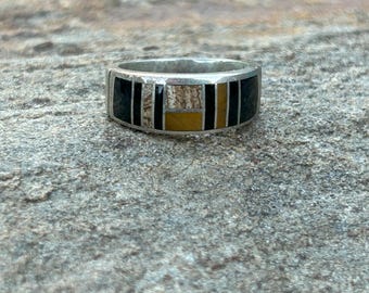 Navajo Handmade Vintage Sterling Silver Jasper Tiger Eye Inlay Ring Size 9