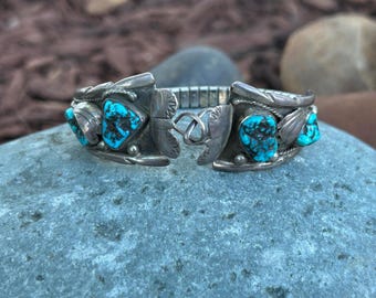 Navajo Kingman Turquoise Watch Band Decor Sterling Silver  display picture 3