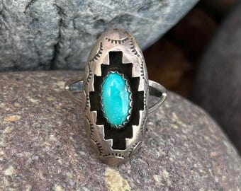 Turquoise and Sterling Silver Navajo Shadowbox Vintage Ring, Size 6.5