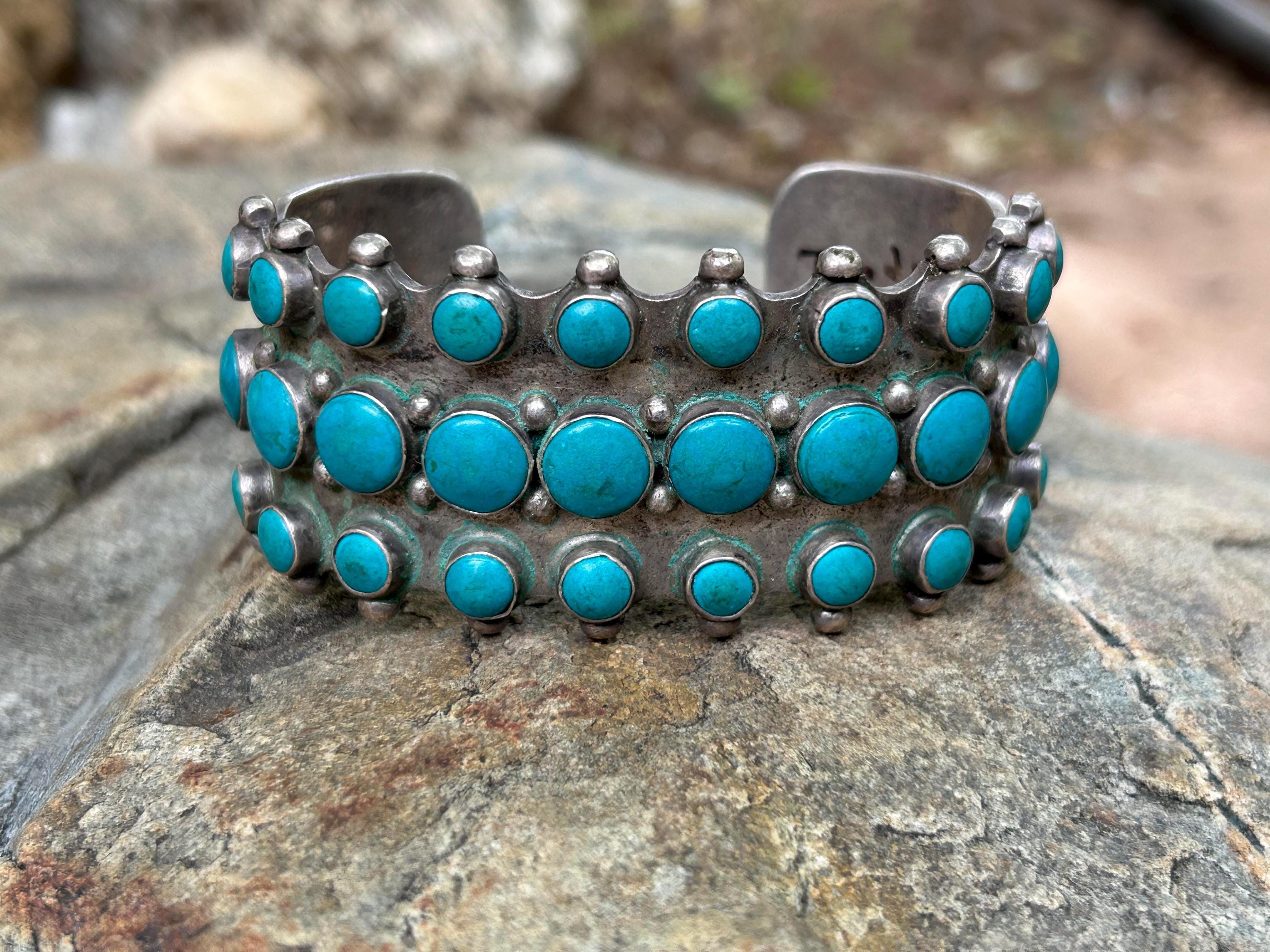 1950s Vintage Old Pawn Navajo Sterling Silver Turquoise Cuff Bracelet ...