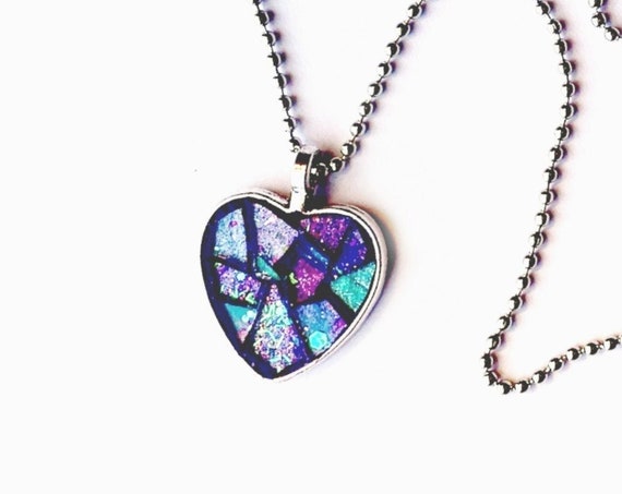 Purple Heart Pendant, Purple Heart Mosaic Pendant on Silver Ball Chain Necklace, Purple Mosaic Heart Necklace, Purple Glitter Heart Pendant