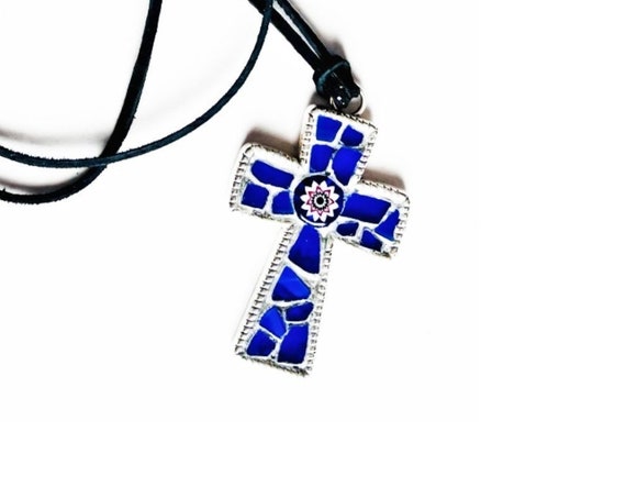 Mosaic Cross Pendant, Blue Cross Pendant, Cobalt Blue Cross Pendant on Black Suede Cord, Blue Silver Cross Pendant w/Venetian Glass Bead