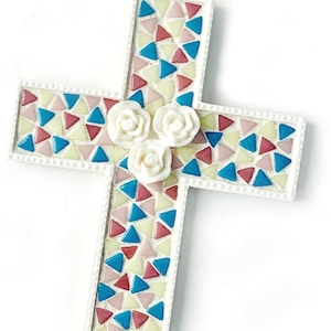 Mosaic Cross, Pastel Mosaic Wall Cross, Pastel Rose Mosaic Cross, Mosaic Cross Wall Hanging, Handmade Pastel Colored Cross with Roses