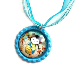 Little Geisha Organza Ribbon Necklace, Little Geisha Ribbon Necklace, Turquoise Geisha Pendant, Aqua Teal Japanese Geisha Choker Necklace