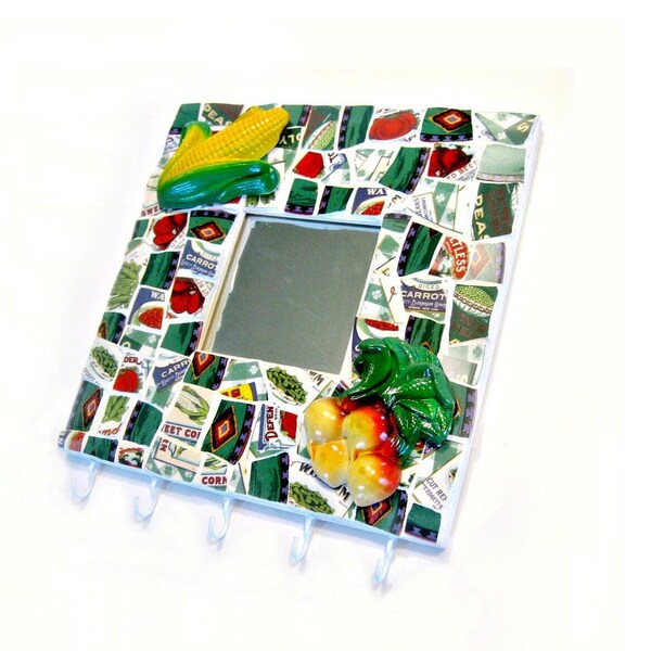 Crochets et miroir sur le thème du jardin en mosaïque, support porte-pot pour serviette de cuisine en mosaïque, porte-pot en mosaïque, crochets de jardin pour maison de ferme, miroir suspendu