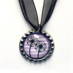 Dandelion Choker Necklace, Purple Black Dandelion Choker, Dandelion Organza Ribbon Bottle Cap Pendant, Black Lavender Dandelion Pendant