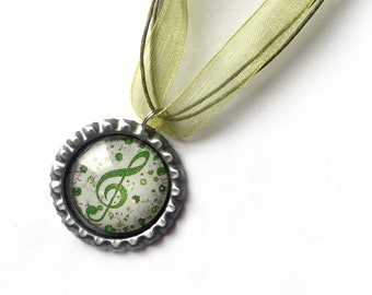 SALE Musical Organza Ribbon Necklace, Bottle Cap Music Clef Necklace with Organza Ribbon, Green Organza Ribbon Musical Note Clef Necklace