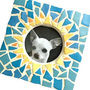 Yellow Blue Sunburst Mosaic Picture Frame, Blue Yellow Mosaic Frame, Square Mosaic Frame, Round Opening Frame, Small Mosaic Gift Frame