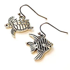 Turtle and Fish Earrings, Silvertone Sea Life Earrings, Handmade Turtle and Fish Earrings, Dangling Pierced Ocean Theme Sea Animal Earrings