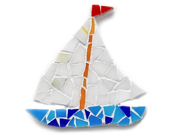 Large Mosaic Sailboat Magnet, Sailboat Mosaic Magnet, Blue White Mosaic Sailboat Magnet, Sail Boat Mosaic Magnet