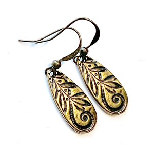 Bronze Brass Drop Leaf Earrings, Pierced Antique Bronze Leaf Earrings, Handmade Leaf Swirl Earrings, Dangling Bronze Swirling Leaf Earrings