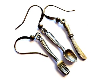 Bronze Kitchen Utensil Earrings,Antique Bronze Silverwear Earrings,Kitchen Utensil Earrings for Multiple Piercings,Fork Knife Spoon Earrings