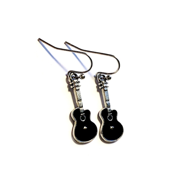 Guitar Earrings, Silvertone and Black Enamel Guitar Earrings, Acoustic Guitar Earrings, Dangling Guitar Earrings, Black Guitar Earrings