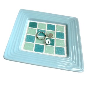 SALE Aqua Ceramic Mosaic Ring Dish, Aqua Turquoise Mosaic Ring Keeper, Mosaic Key Catcher,Blue Mosaic Candle Stand Tray, Mosaic Jewelry Dish