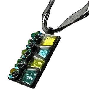 Mosaic Flower Pendant, Glass Mosaic Pendant with Iridescent Flowers, Mosaic Pendant on Organza Necklace, Blue Green Mosaic Flower Necklace