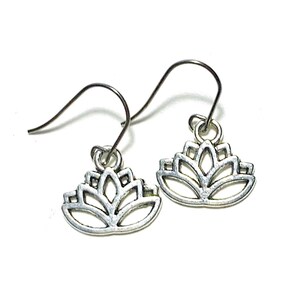Lotus Flower Earrings, Silvertone Lotus Earrings, Handmade Lotus Earrings, Dangling Pierced Lotus Flower Earrings, Pierced Lotus Earrings
