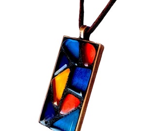 Mosaic Glass Pendant Necklace, Colorful Geometric Jewelry, Handmade Rectangle Pendant