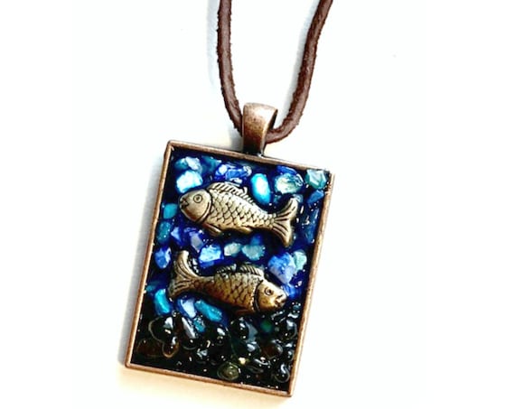 Fish Pendant, Pisces Mosaic Pendant, Blue Copper Fish Mosaic Pendant on Suede Cord, Handmade Mosaic Two Fishes Pisces Mosaic Pendant