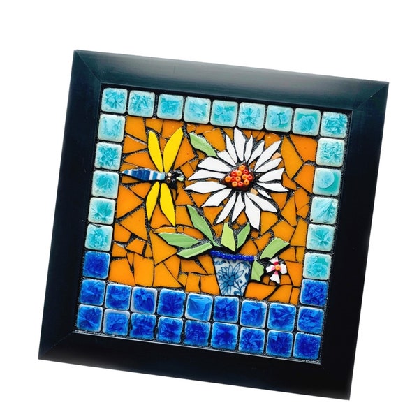 Mosaic Dragonfly Flower Art, Original Handmade Mosaic Framed Art, Framed Mosaic Art, Mosaic Floral Bouquet Dragonfly Wall Hanging Art