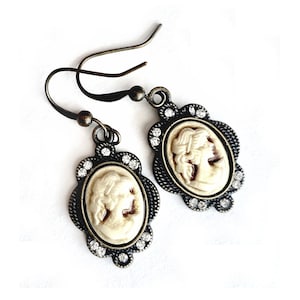Bronze Cameo Earrings, Pierced Antique Bronze Cameo Earrings, Handmade Cameo Earrings, Dangling Bronze Cameo Earrings with Rhinestones