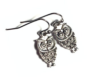 Owl Earrings, Silvertone Owl Earrings, Handmade Dangling Owl Earrings, Owls on Ear Wires, Pierced Silver Owl Earrings, Hoot Owl Earrings