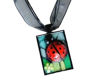 Mosaic Ladybug Pendant, Glass Ladybug Mosaic Pendant, Glass Mosaic Pendant on Organza Necklace, Handmade Black Red Lady Bud Necklace