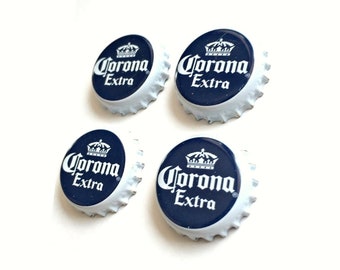 Beer Magnets, Bottle Cap Magnets, Corona Extra Bottle Cap Magnets, Bar Magnet Set, Four Beer Bottle Magnets, Blue Magnets, Microbrew Magnets