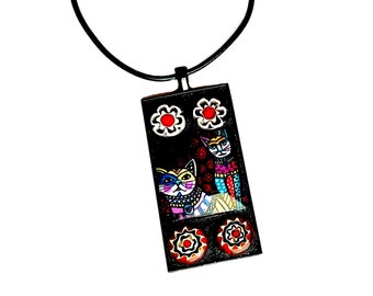 Mosaic CAT Pendant, Black Red Cat Mosaic Pendant, Graphic Cat and Venetian Glass Pendant, Handmade Cat Lover Pendant 18 in Faux Leather Cord