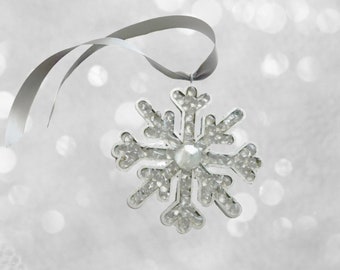 Silver Snowflake Christmas Ornament, Silver Ornament, Snowflake Handmade Ornament, Silver Crushed Glass Ornament