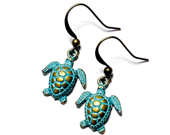 Sea Turtle Bird Earrings, Pierced Antique Bronze Sea Turtle Earrings, Dangling Bronze Sea Turtle Earrings, Bronze and Teal Sea Turtles