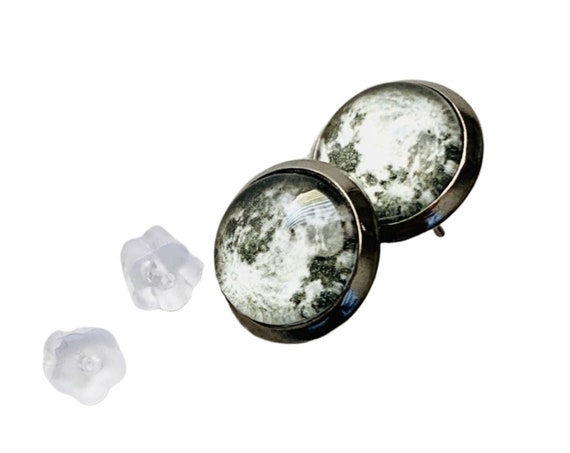Full Moon Earrings, Moon Earrings, Full Moon Post Pierced Earrings, Gunmetal Crater Moon Earrings, Full Moon Jewelry