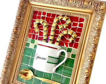 Mosaic Espresso Cup Art, Red Green Gold Mosaic Coffee Cup Art, Framed Espresso Coffee Mixed Media Art, Coffee Cup Art, Kitchen Coffee Art