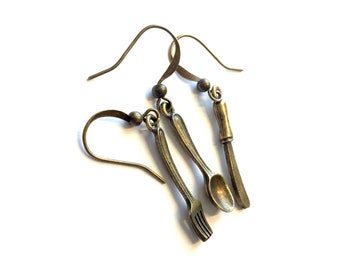 Bronze Kitchen Utensil Earrings,Antique Bronze Silverwear Earrings,Kitchen Utensil Earrings for Multiple Piercings,Fork Knife Spoon Earrings