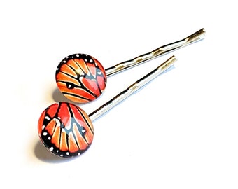 Monarch Butterfly Hair Clip Set, TWO Monarch Wing Hair Pins, Set of Two Monarch Butterfly Hair Clips, Monarch Butterfly Wing Bobby Pin Set