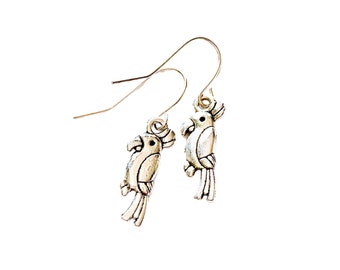 Parrot Earrings, Silvertone Cockatiel Earrings, Handmade Cockatoo Earrings, Dangling Pierced Parrot Earrings, Pierced Bird Parrot Earrings