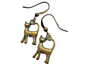 Bronze Cat Earrings, Pierced Antique Bronze Cat Earrings, Handmade Cat Earrings, Dangling Bronze Cat Earrings, Dark Gold Cat Earrings