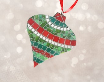 Mosaic Christmas Ornament, Red Green Silver Ornament, Handmade Ornament, Hand Cut Cathedral and Mirror Glass Ornament on Silver Ribbon