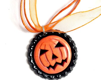 Jack O Lantern Choker Necklace,  Pumpkin Choker Necklace Pendant, Halloween Organza Ribbon Bottle Cap Pendant, Orange Pumpkin Pendant