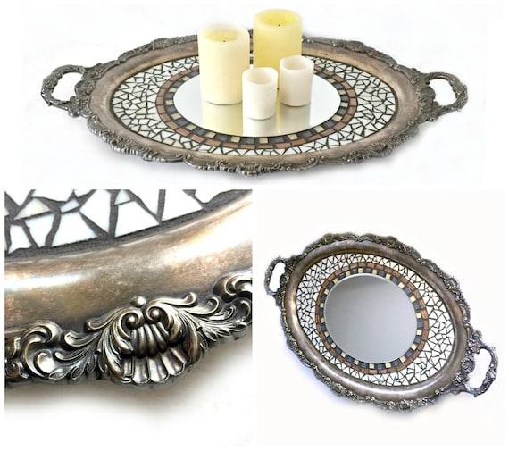 Vintage Mosaic Tray, Mosaic Embellished Vintage Silverplate Tray, Repurposed Mosaic Tray, Mosaic Candle Stand, Mosaic Tray Centerpiece