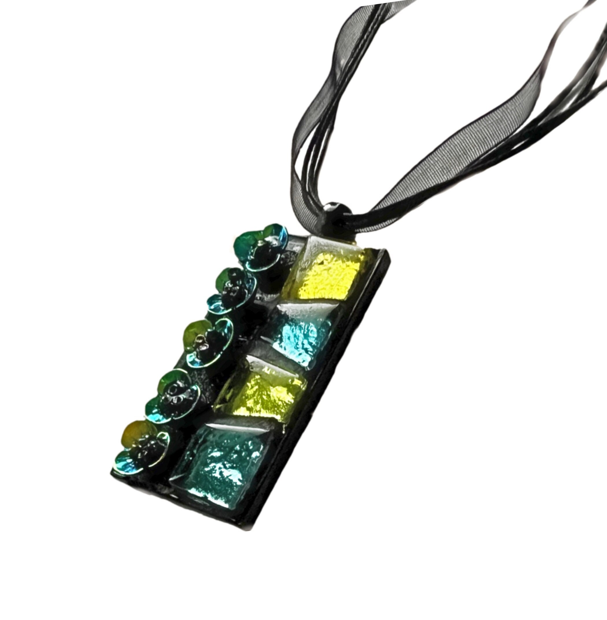 Mosaic Flower Pendant, Glass Mosaic Pendant with Iridescent Flowers, Mosaic Pendant on Organza Necklace, Blue Green Mosaic Flower Necklace