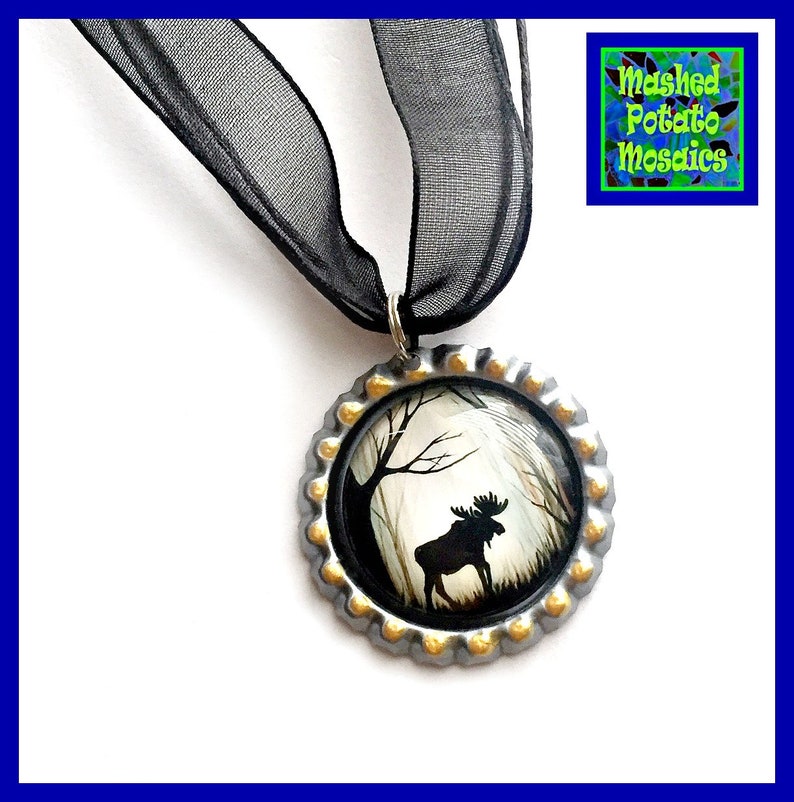 Moose Organza Ribbon Bottle Cap Pendant Maine Moose Choker Necklace Moose Choker Necklace Black Brown Moose in the Woods Pendant