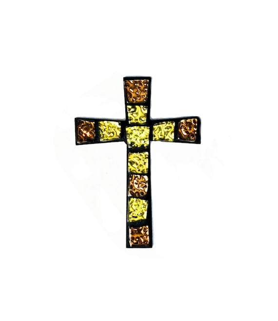 Mosaic Cross Magnet, Mosaic Glittery Bronze Gold Cross Magnet, Cross Magnet, Handmade Mosaic Copper Gold Glowing Cross Magnet
