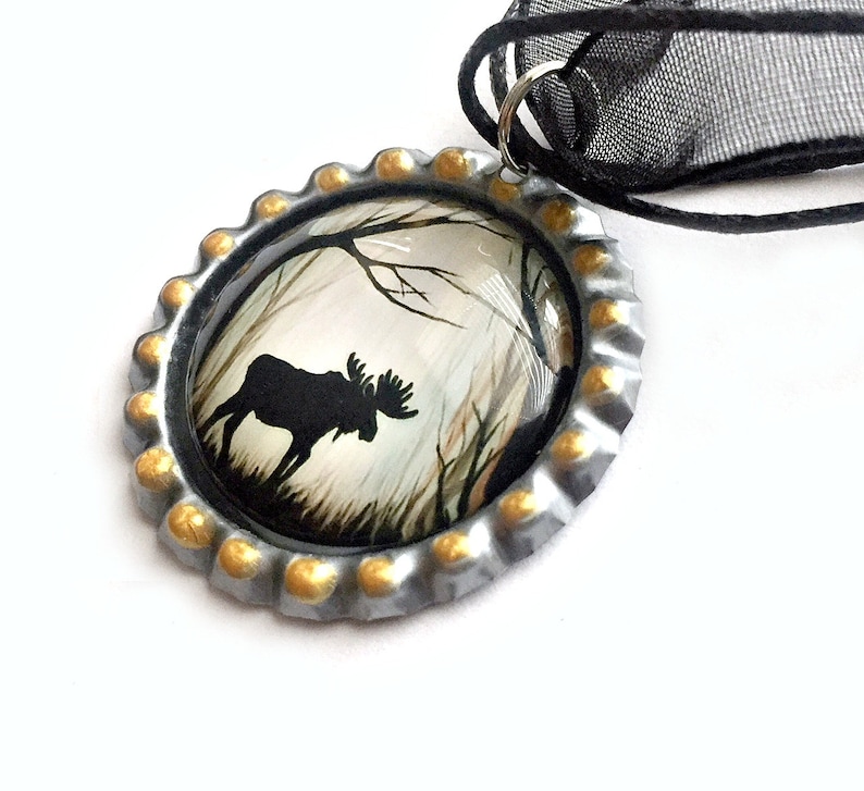 Moose Organza Ribbon Bottle Cap Pendant Maine Moose Choker Necklace Moose Choker Necklace Black Brown Moose in the Woods Pendant